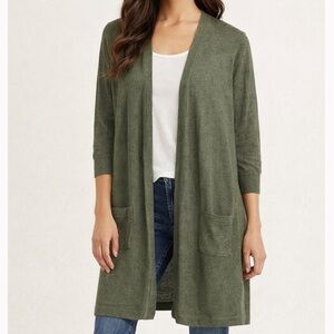 Jones Studio Green Linen Viscose Open Front Long Line Sweater Cardigan - Large